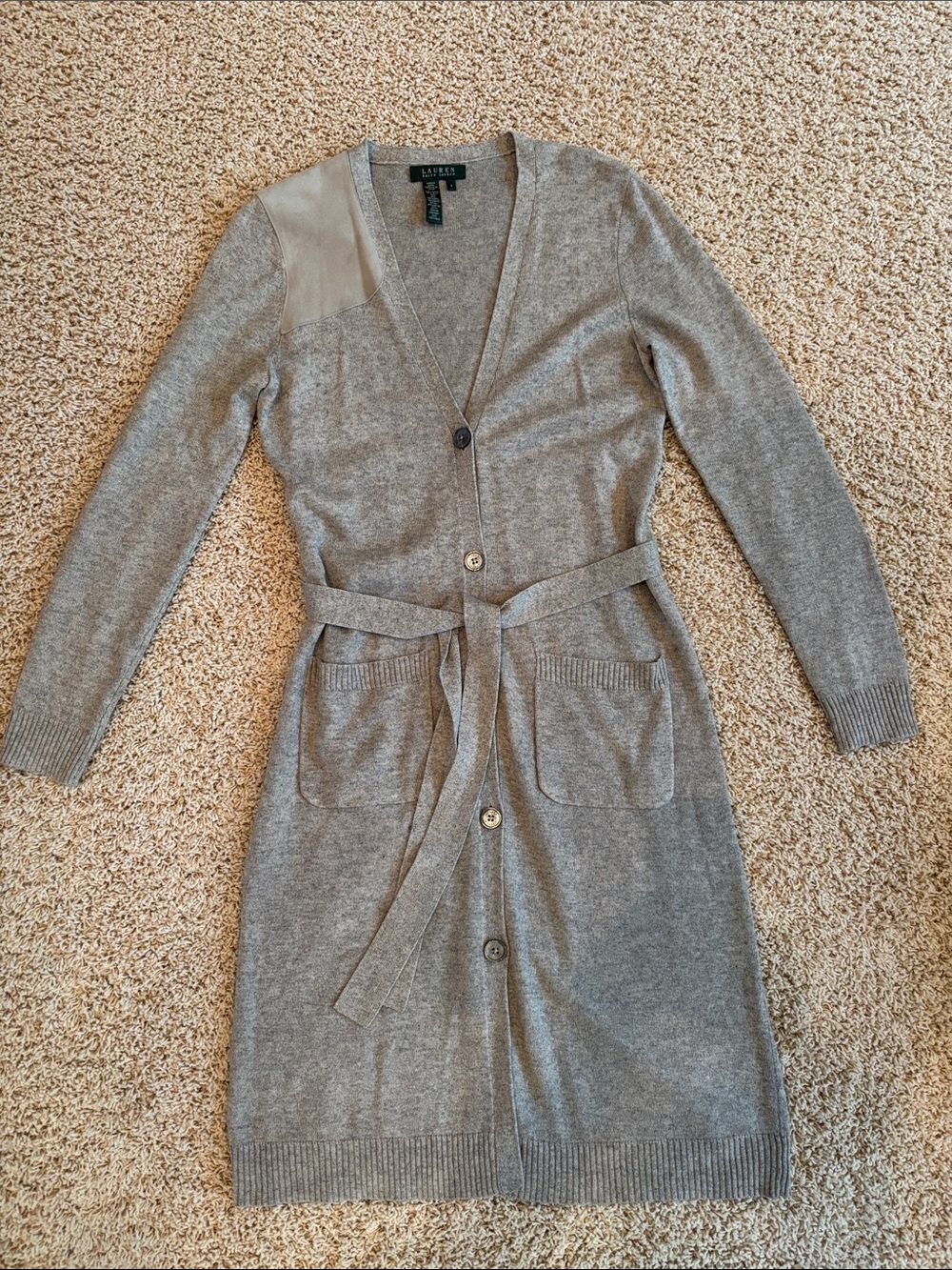 Lauren Ralph Lauren Gray Long Belted Cardigan